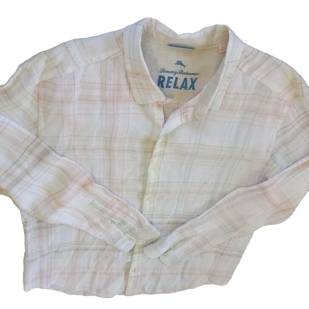 Tommy‎ Bahama Men's XL Summer Long sleeved Shirt Pure Linen Relaxed Fit Plaid